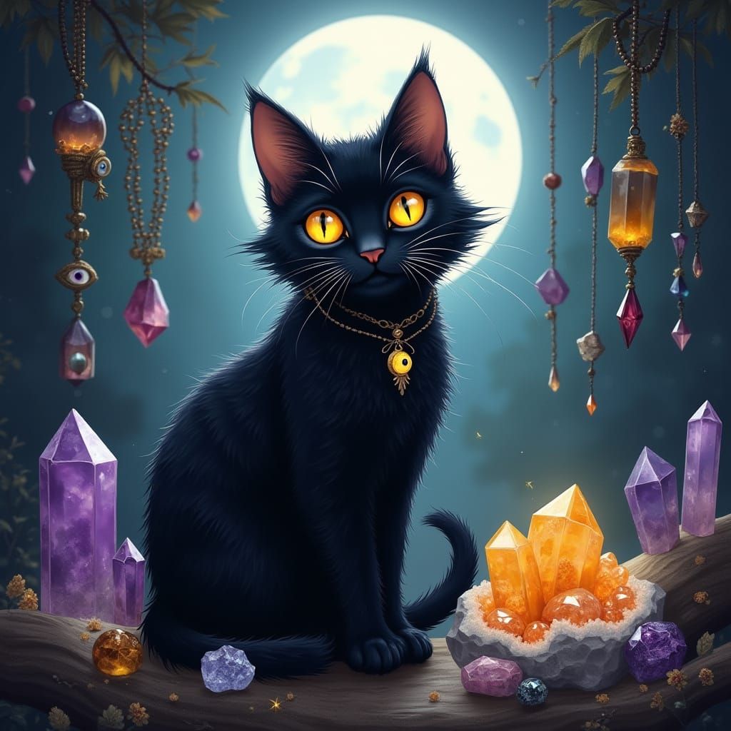 Whimsical Black Cat Surrounded by Crystals under the Full Mo...