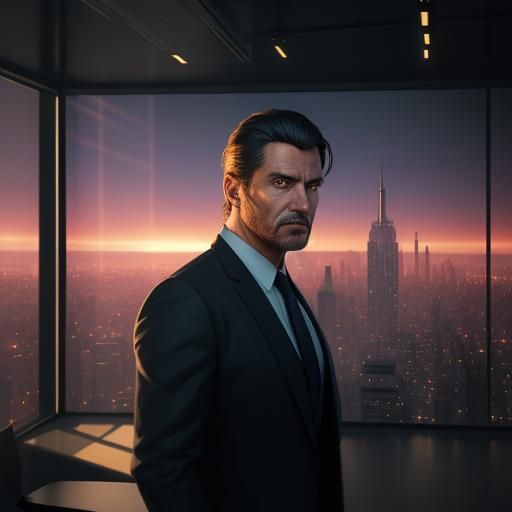 Businessman Expresses Concern in Futuristic Cityscape