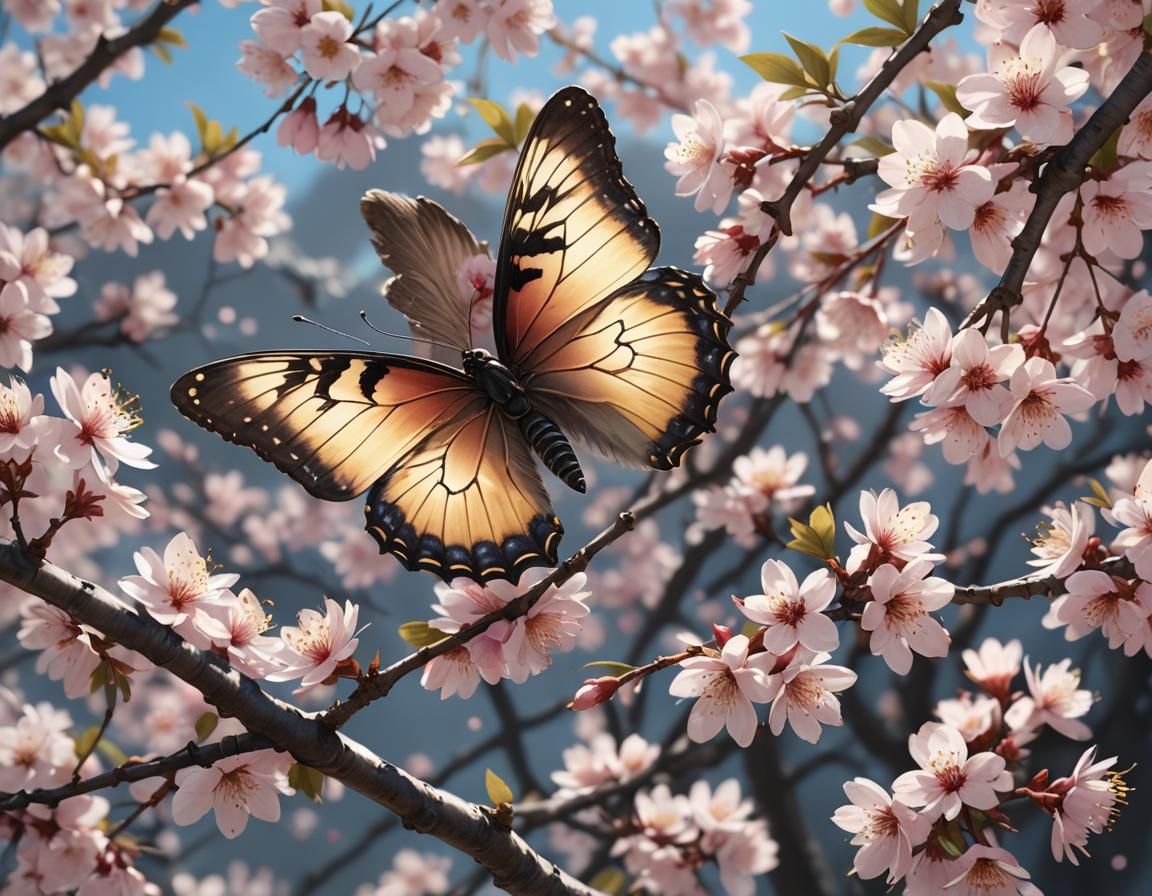 Butterfly on Cherry Blossom in 3D Anime Style