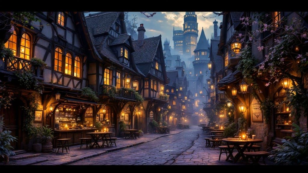Medieval Alleys Against Modern Cityscape in Dark Fantasy Sty...