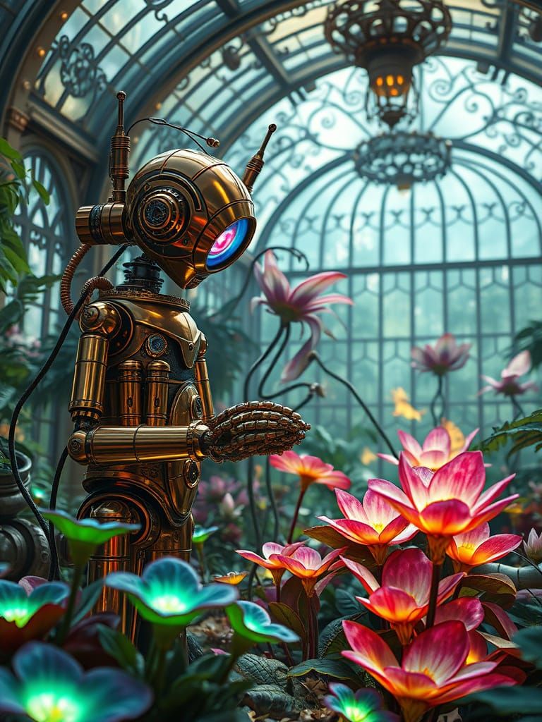 Steampunk Automaton's Bioluminescent Garden in Glass Conserv...