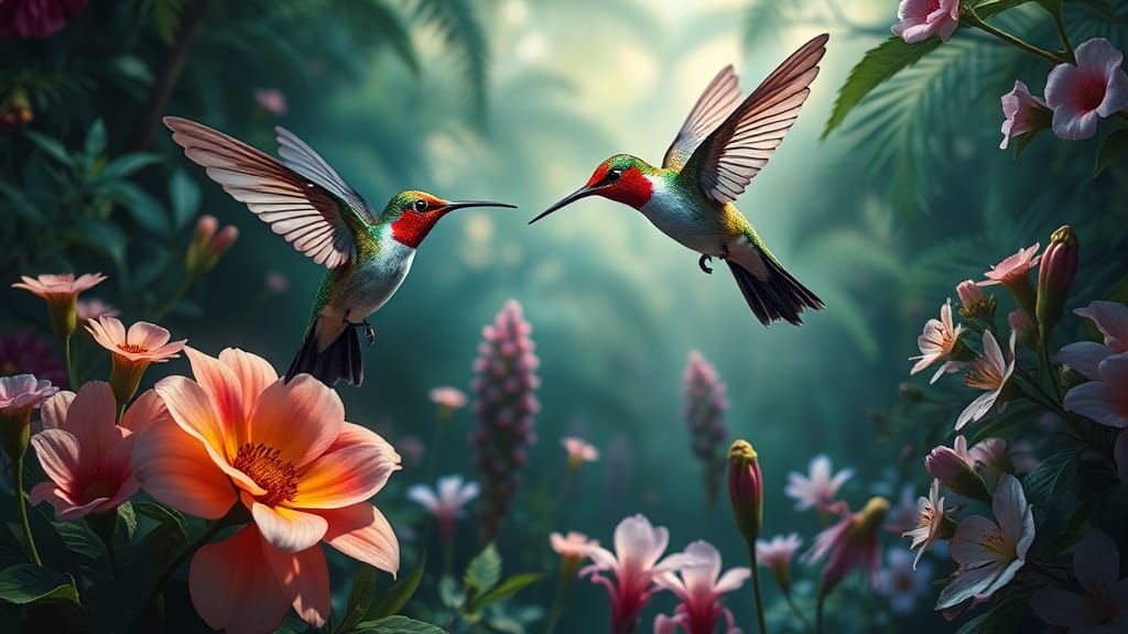 Hummingbirds in Flight, Romantic Floral Landscape