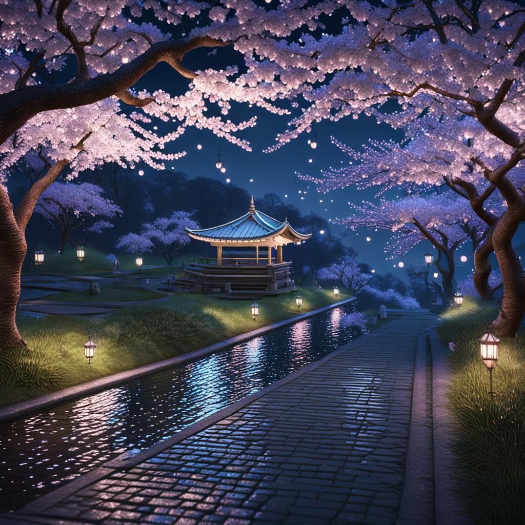 Kookaburra in Cherry Blossoms at Night