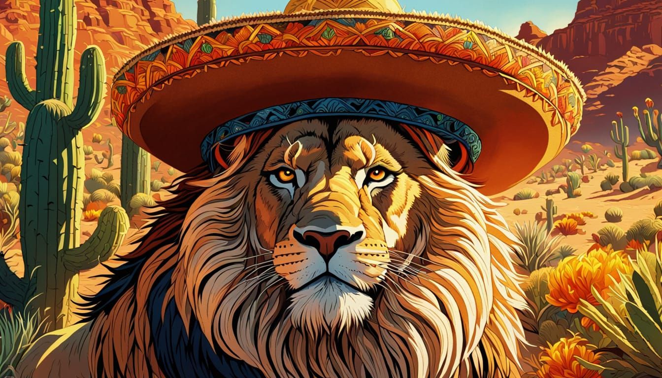 Lion in Sombrero: Vibrant Comic Book Art