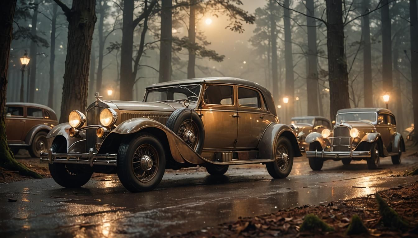 Retro-Futuristic Elven Cars in Moonlit Forest