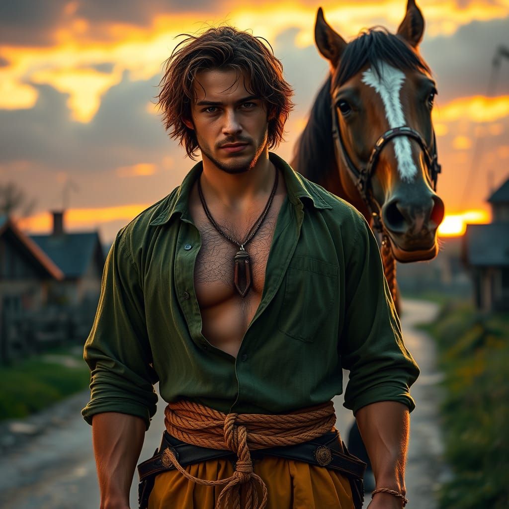 Medieval Man with Horse on Village Road at Sunset