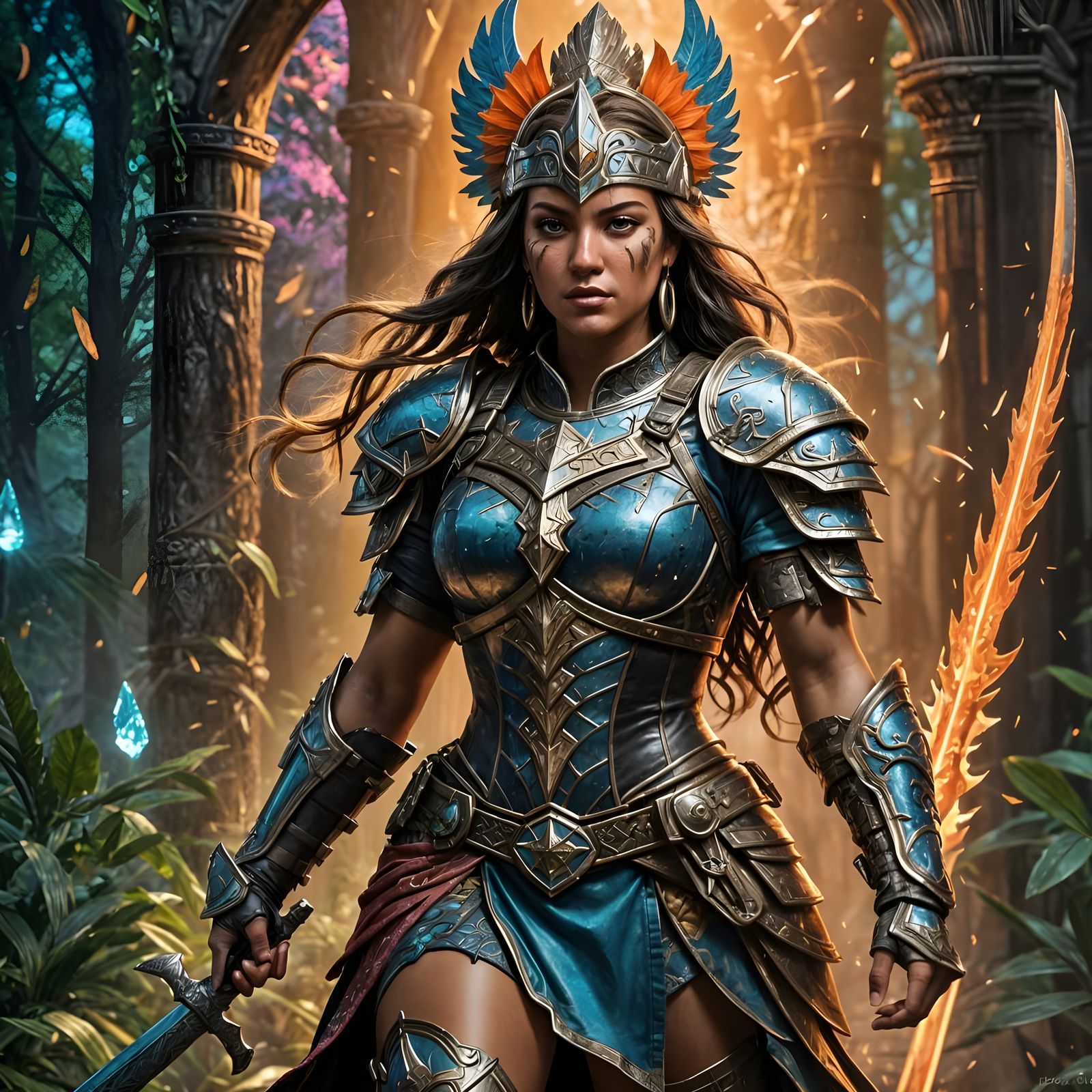 Amazon Warrior Faces Demons: Hyperrealistic Combat Scene