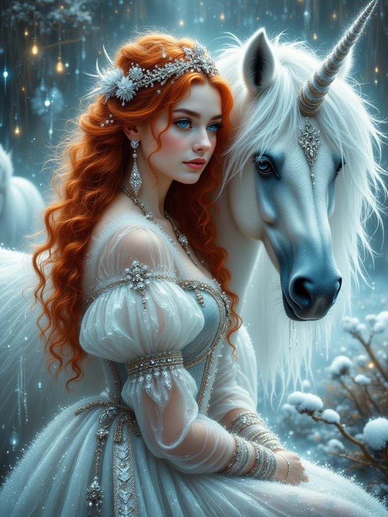 Medieval Woman with Unicorn in a Magical Fantasy Land, in a ...