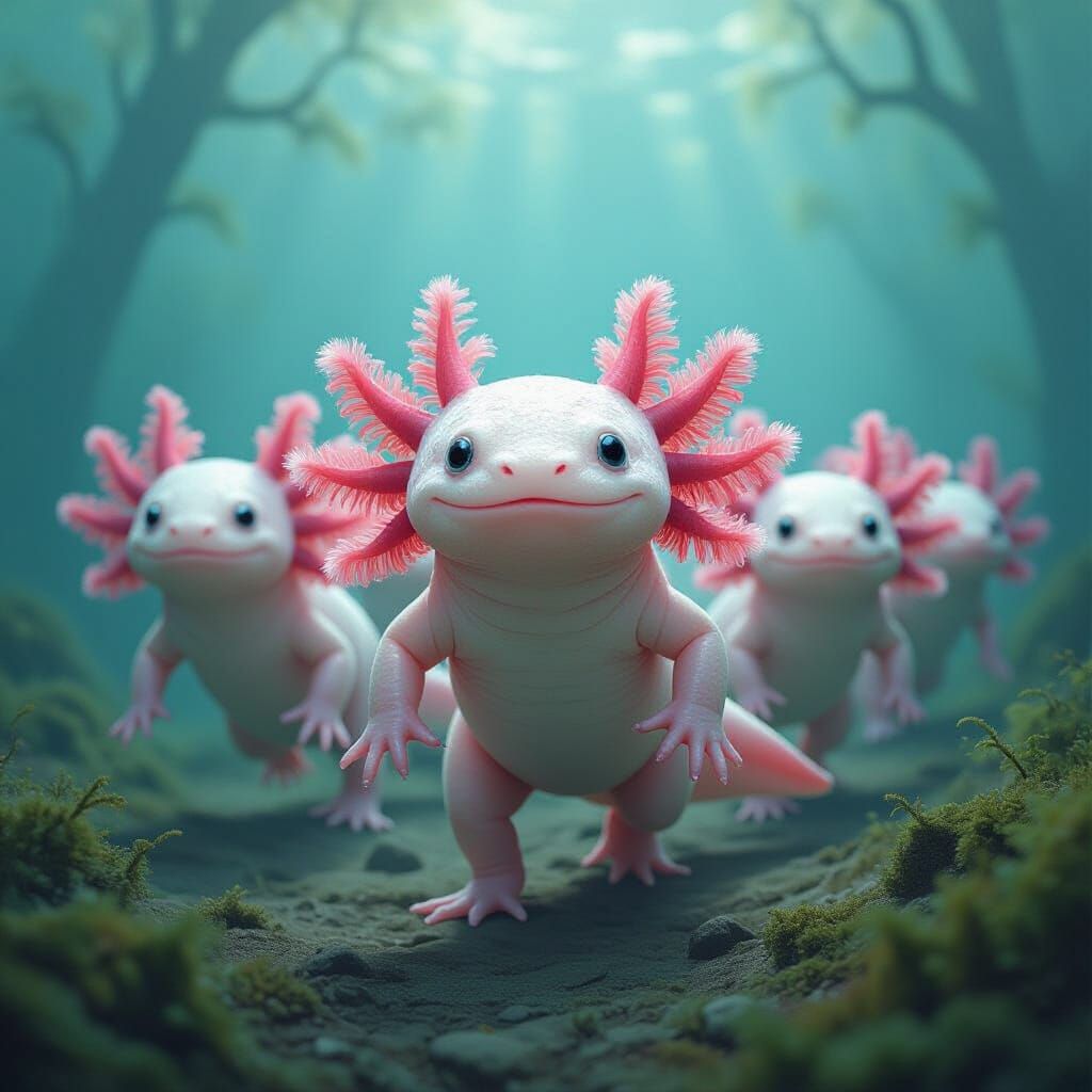 Axolotl Army Marching in a Dreamlike Underwater Landscape