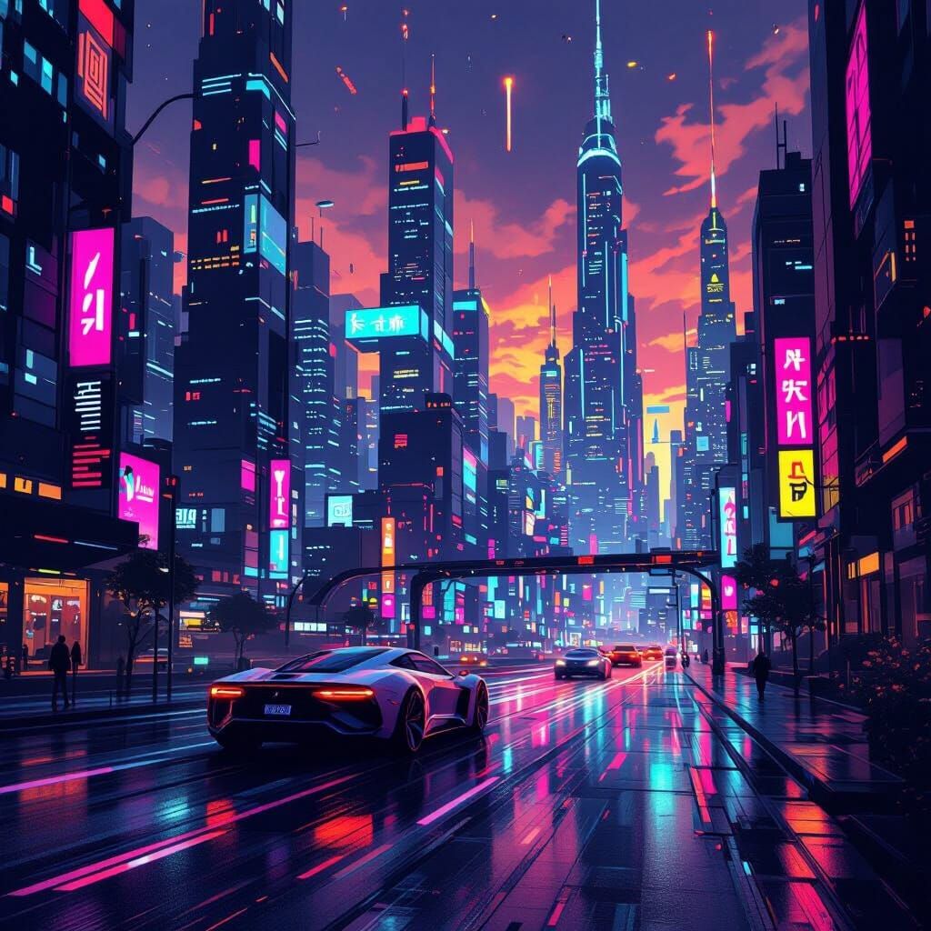 Futuristic Cityscape with Liberated Neon Lights