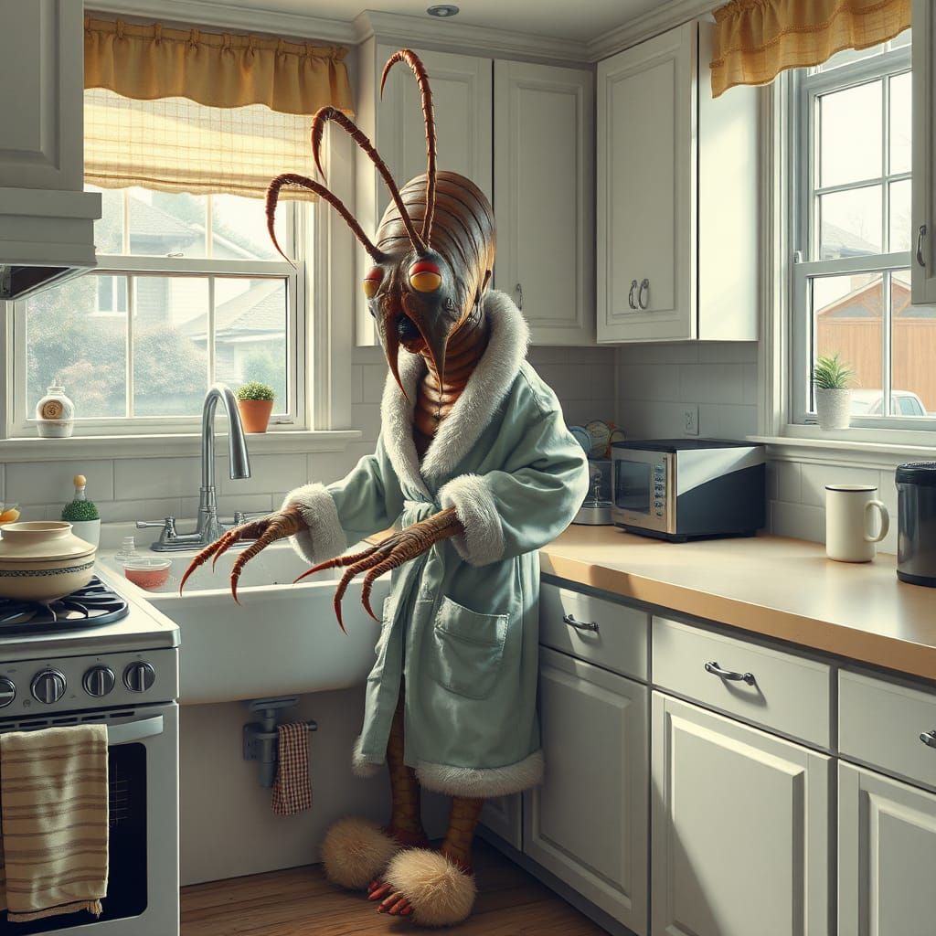 Anthropomorphic Centipede Washing Dishes in MCM Kitchen