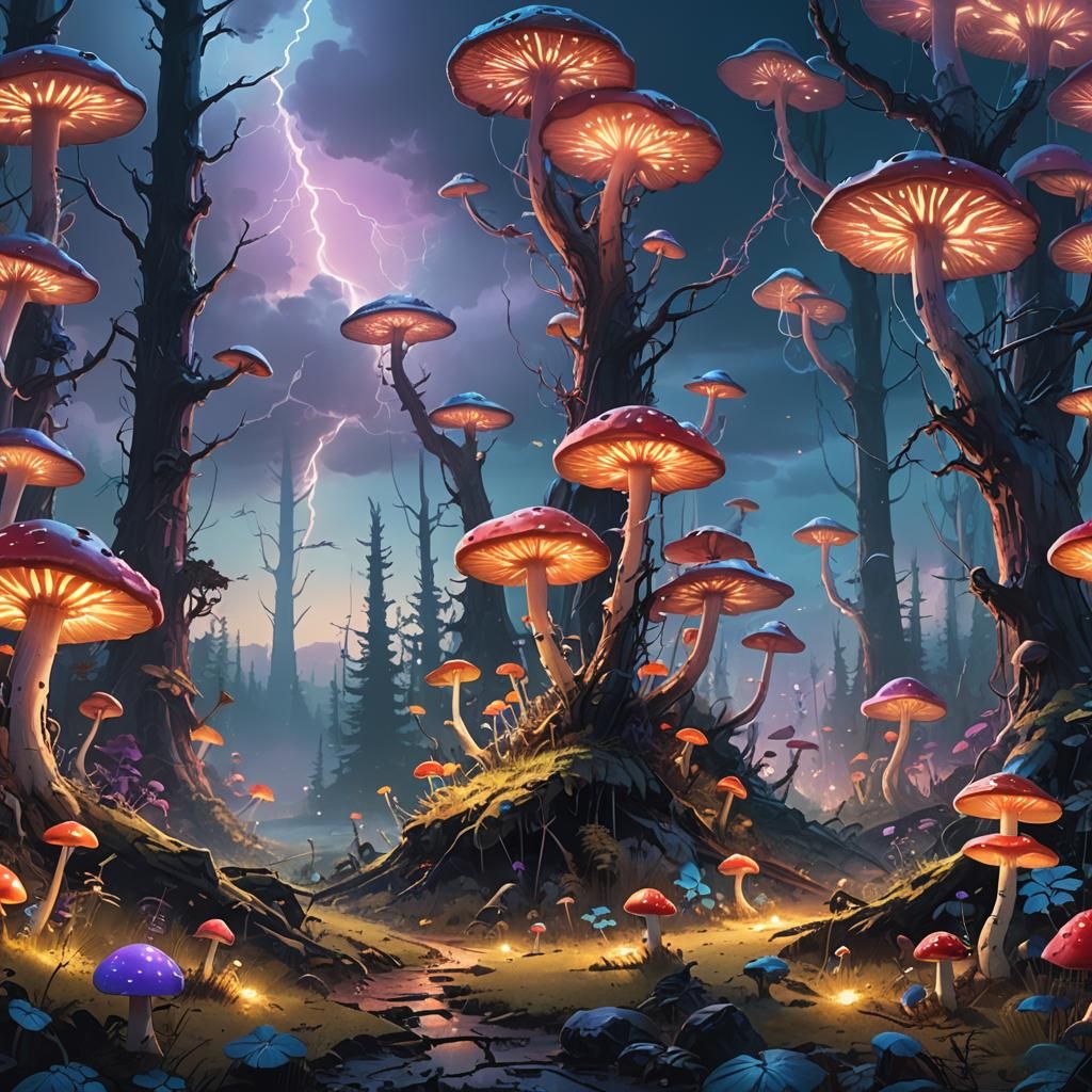 Mystical Forest with Colorful Mushrooms and Lightning