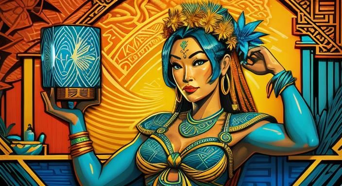 Tiki Bar Hula Girls in Cubist Woodblock Print