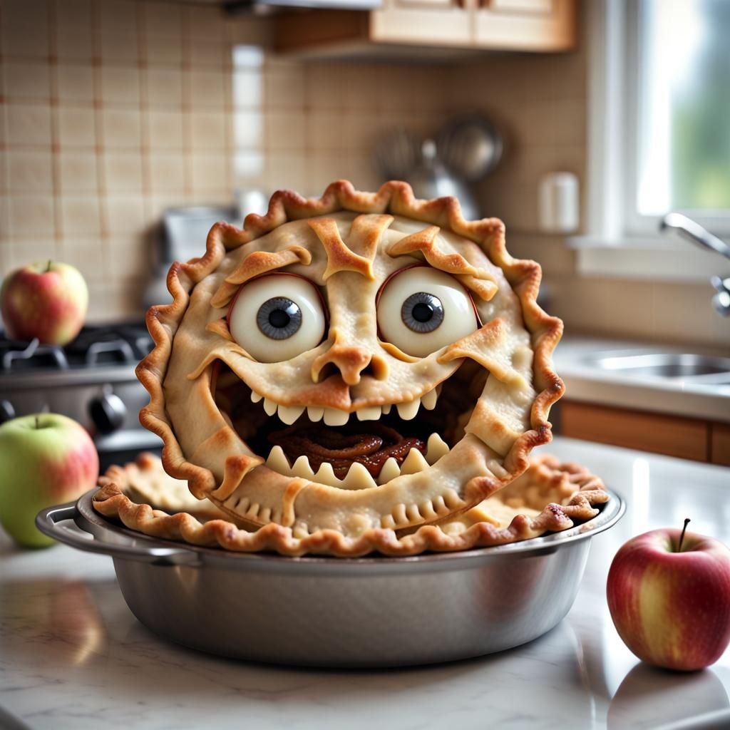 Playful Apple Pie Character on Kitchen Counter