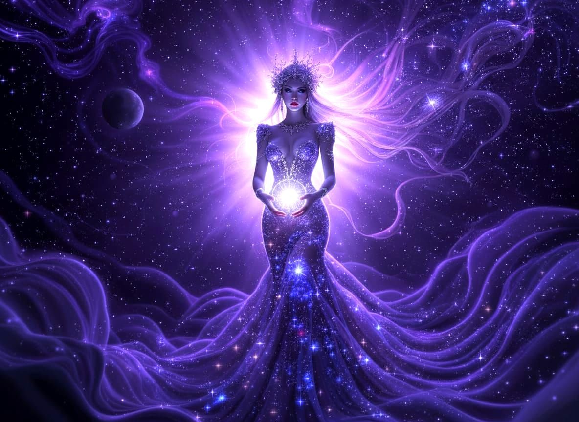 Cosmic Stardust Gown: Celestial Woman Portrait