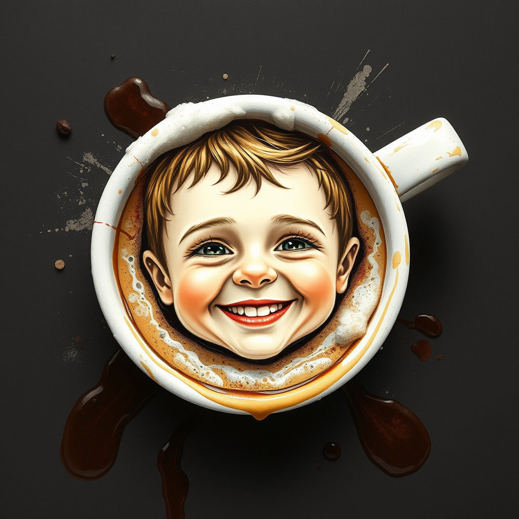 Boy's Smiling Face in Coffee Cup