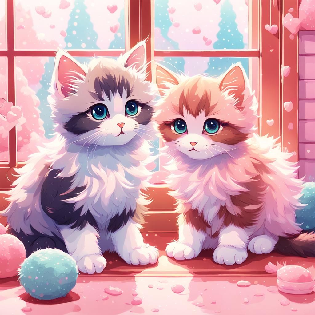 Adorable Kittens Playing in Kawaii Anime Style