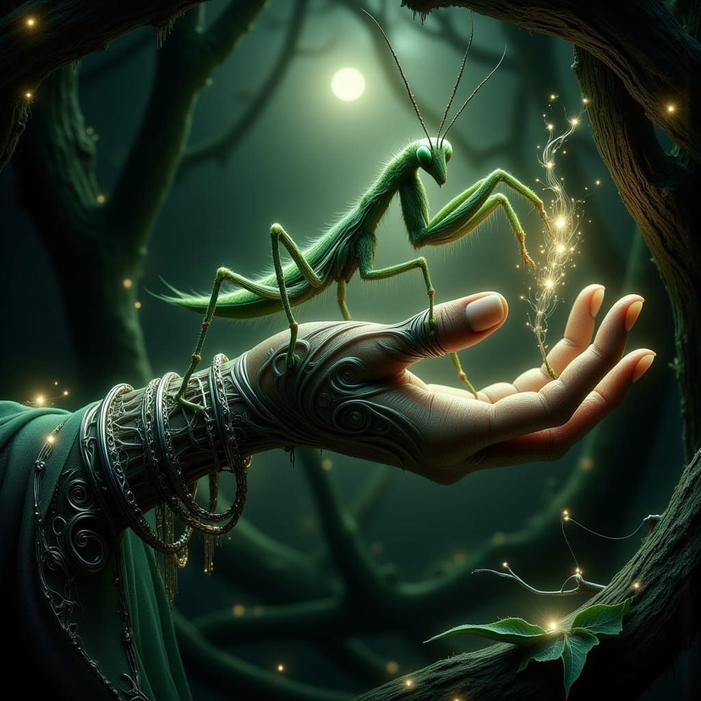 Witch's Hand Holds Mystical Green Mantis in Dark Fantasy Art