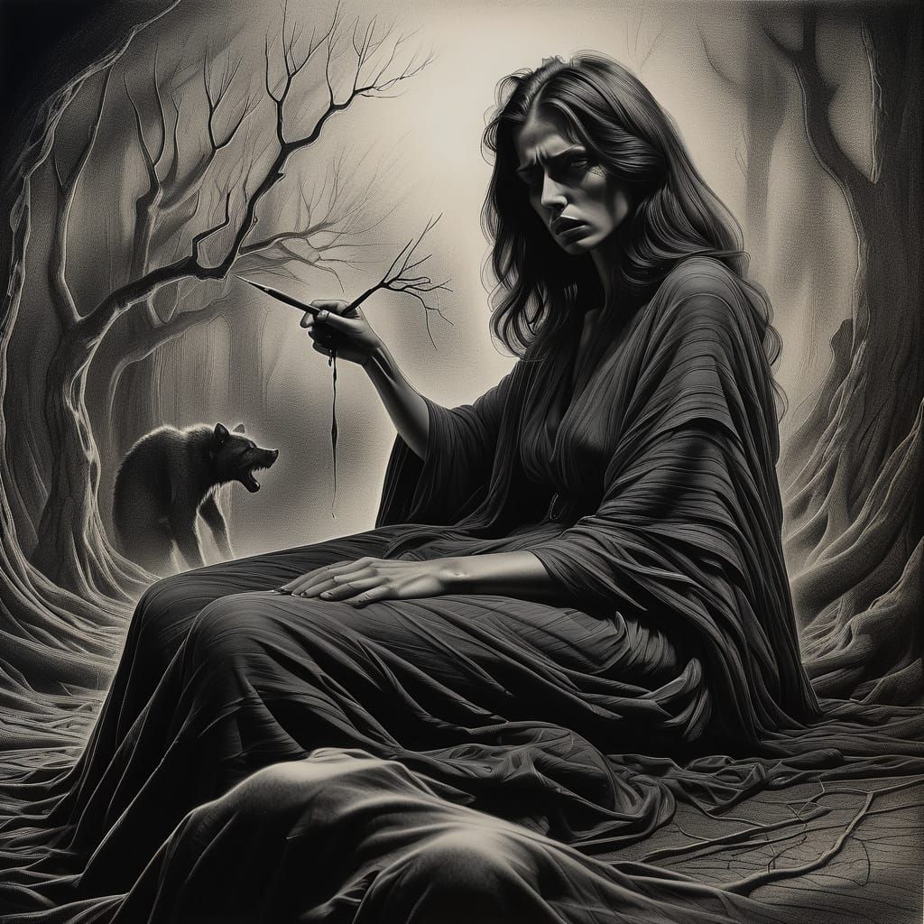 Sorrowful Witch in Shadows, a Close-Up Portrait in Dark, Hig...