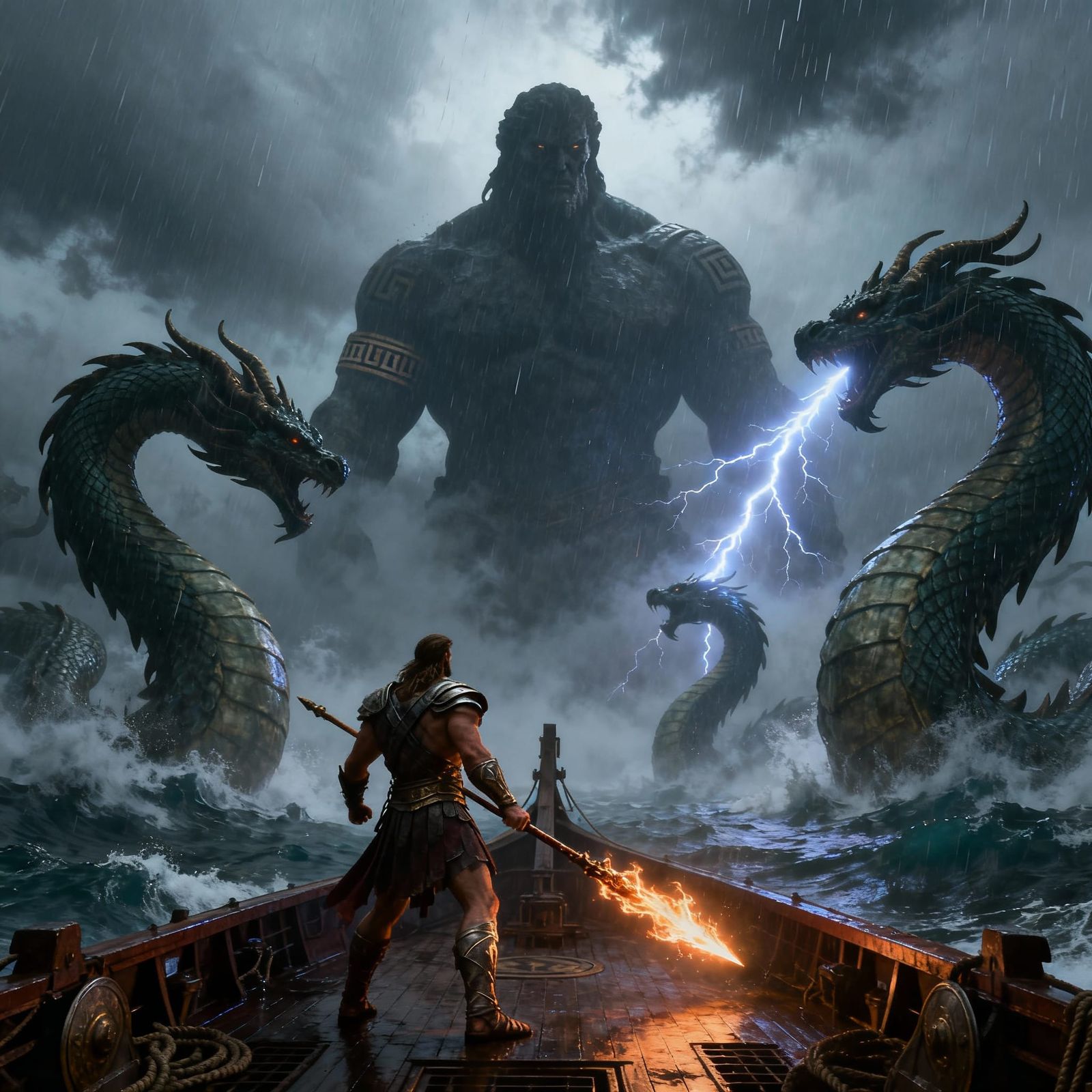 Warrior Battles Gigantic Hydras in Stormy Sea