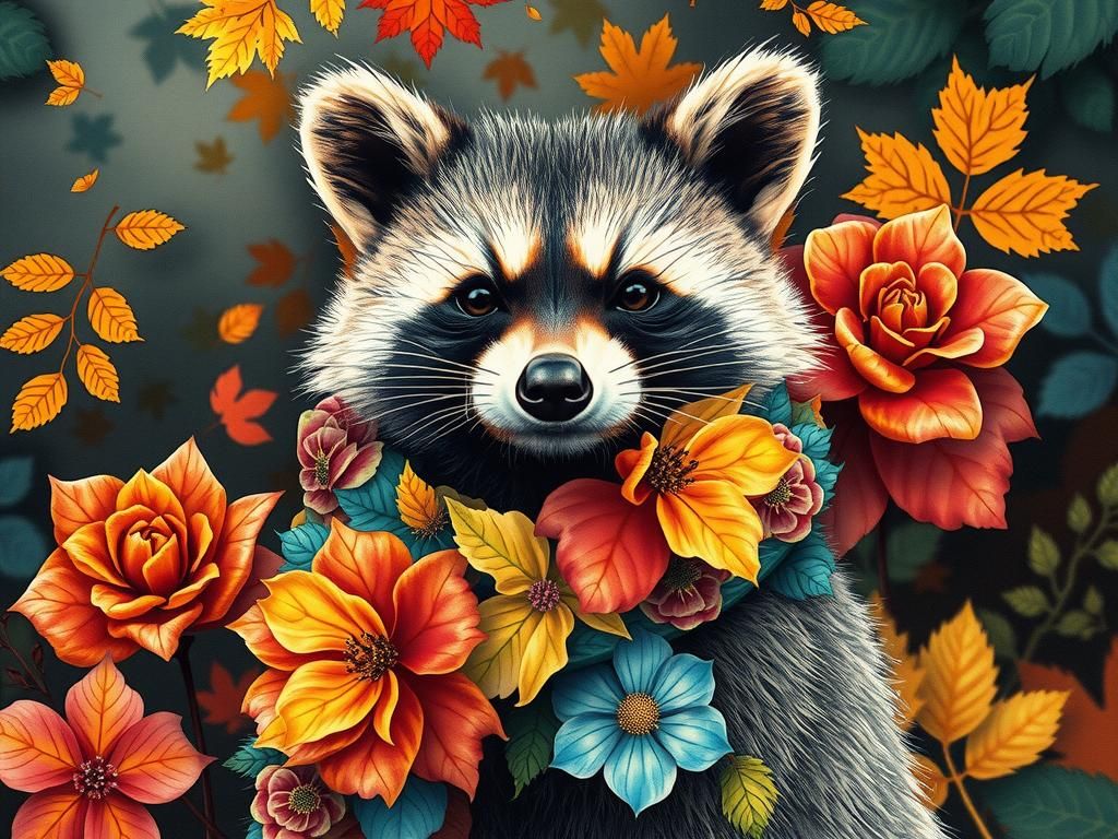 Raccoon in Floral Scarf: Klimt-Inspired Digital Art