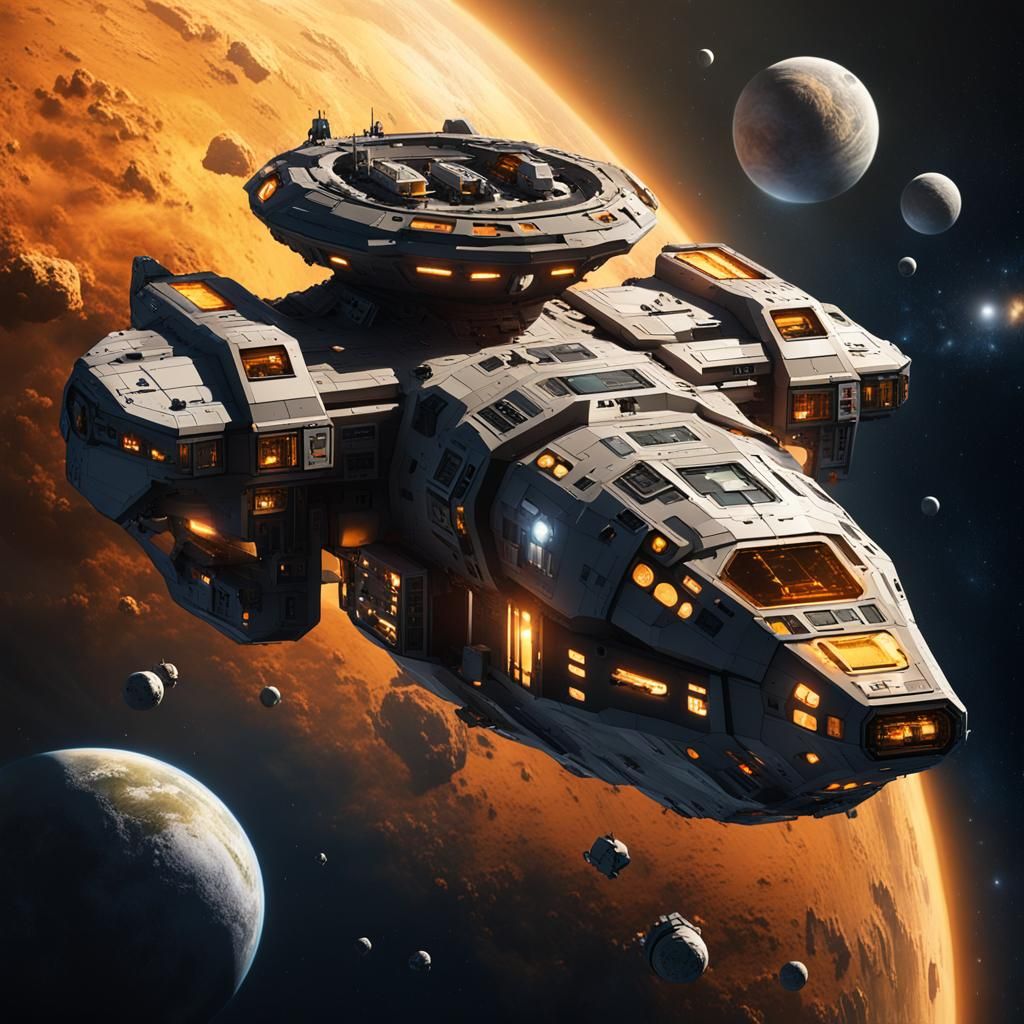 Bulky Sci-Fi Mining Warship in Deep Space