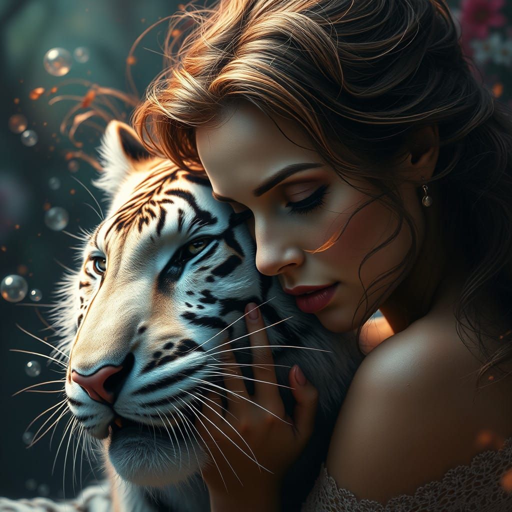 Goddess Embracing a Majestic White Tiger in Hyperrealistic S...