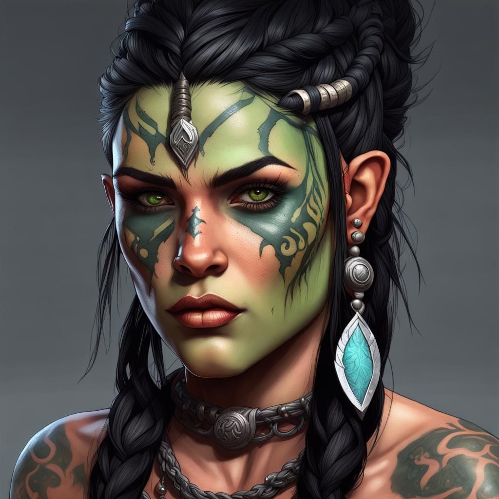 Half-Orc Barbarian Portrait in Video Game Style
