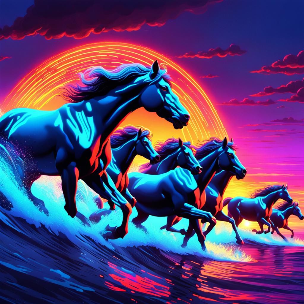 Futuristic Centaurs Ride a Neon Ocean Wave