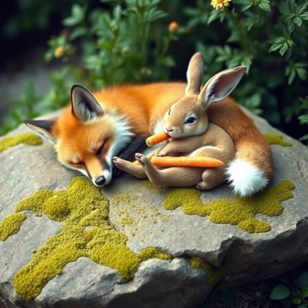 Fox and Rabbit Sharing a Carrot in Garden