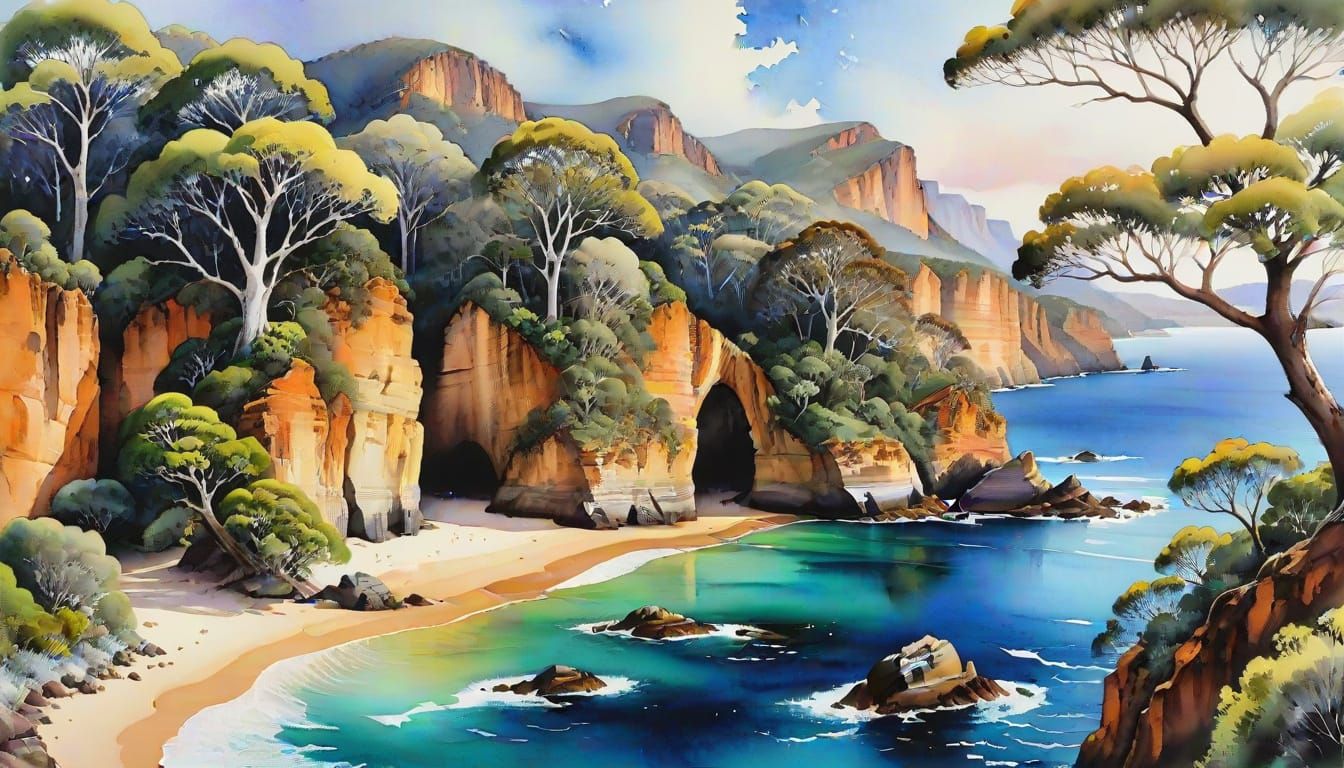 Australian Landscape in Watercolor Painting Style