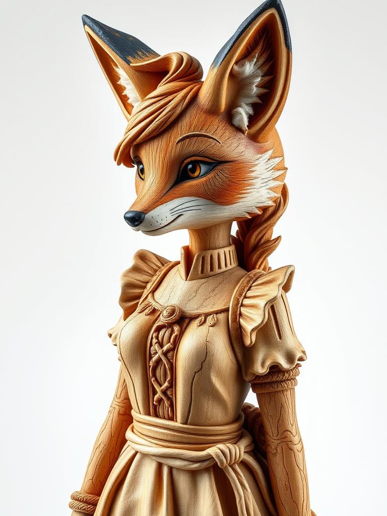 Anime Fox Maid: Hyperdetailed Wood Carving