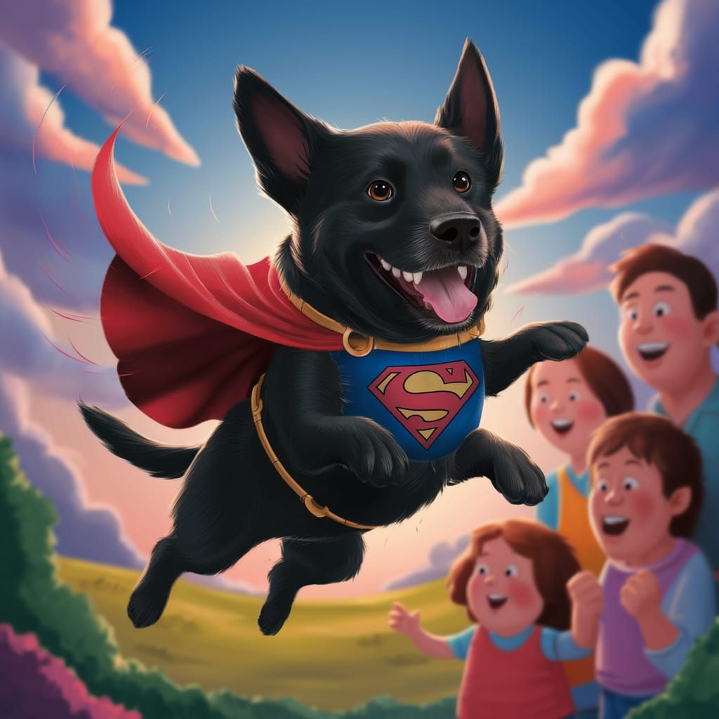 Happy black labrador with pointed ears wearing a Superman ca...