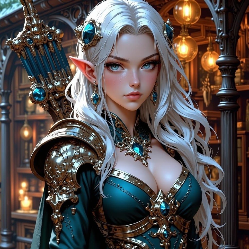 Elegant Elf Archer in Dreamy Art Nouveau Style
