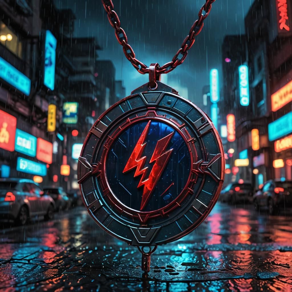 Cyberpunk Medal of Red Lightning in Rainy Cityscape