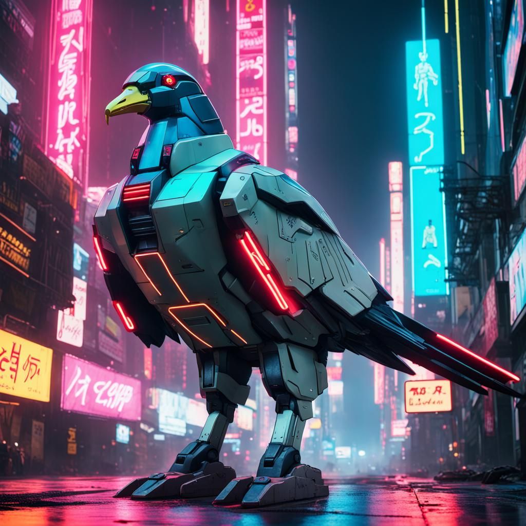 Cyberpunk Gundam Pigeon in Neon Cityscape