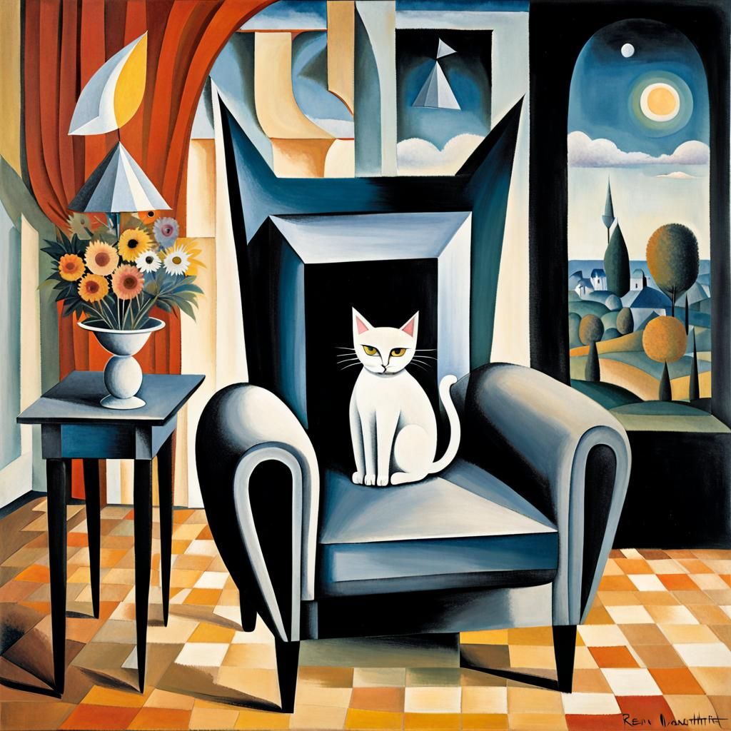 Surreal Cubist Dreamscape with Cat and Armchair