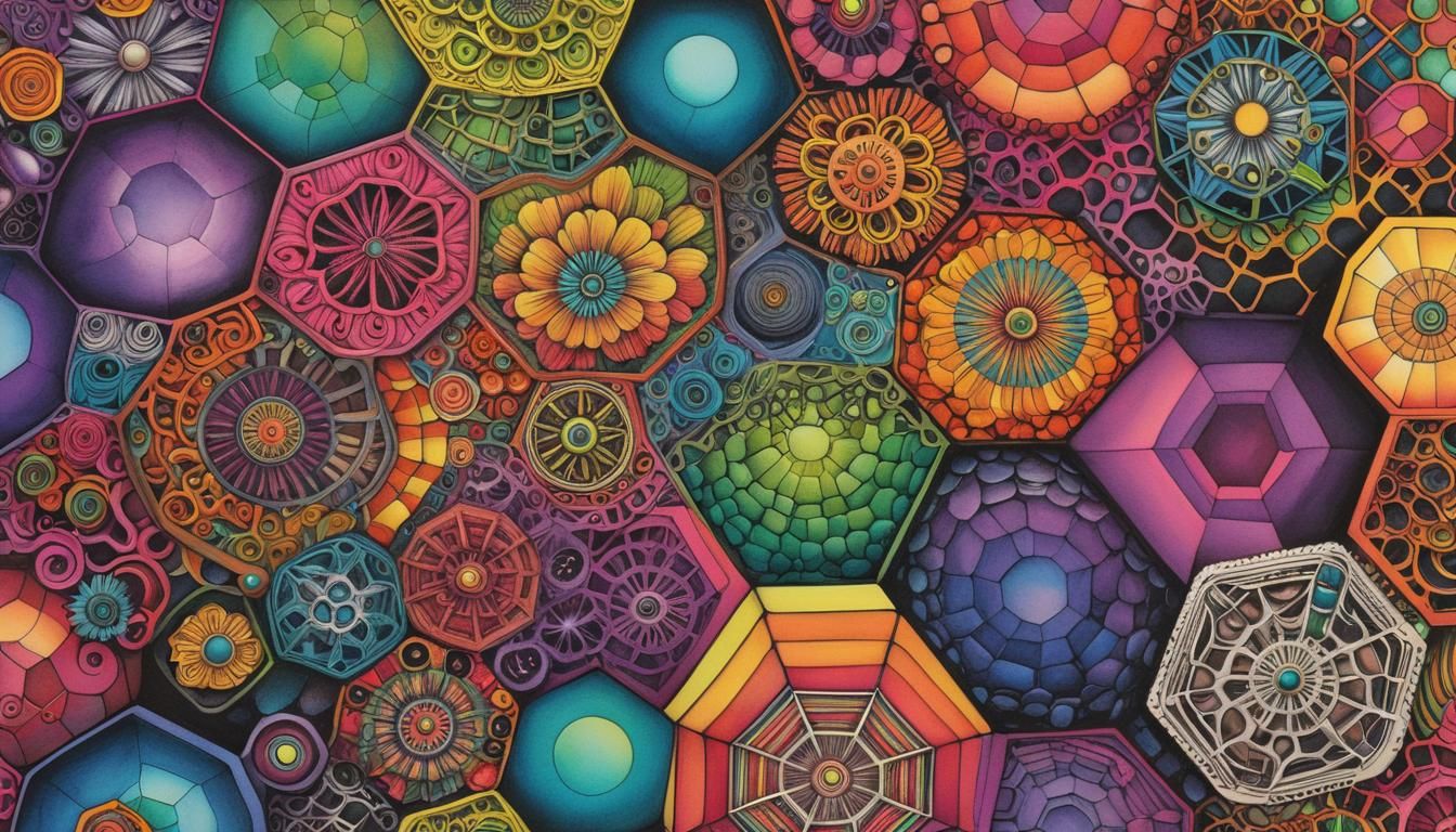 Rainbow Zentangle Hexagon in Biopunk Style