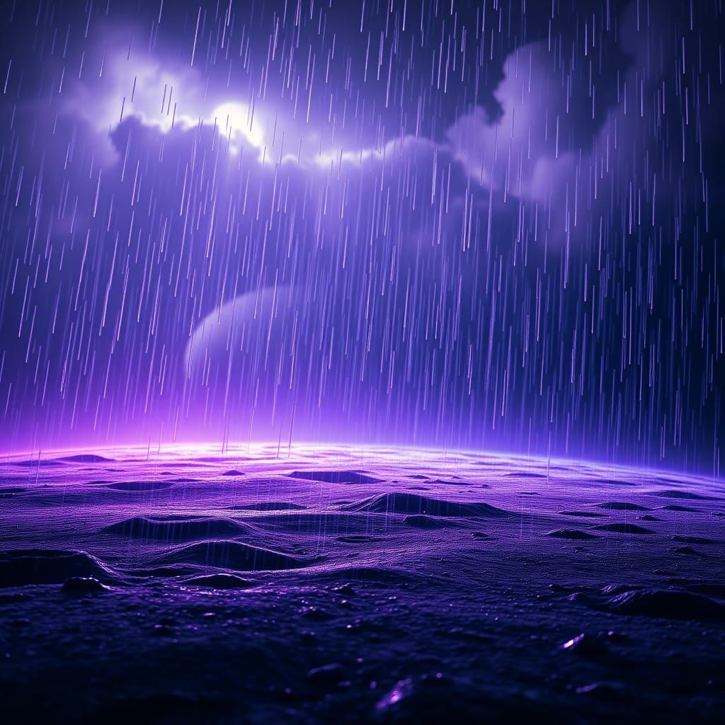 Hyperrealistic Lunar Rainfall in Vibrant, Iridescent Hues