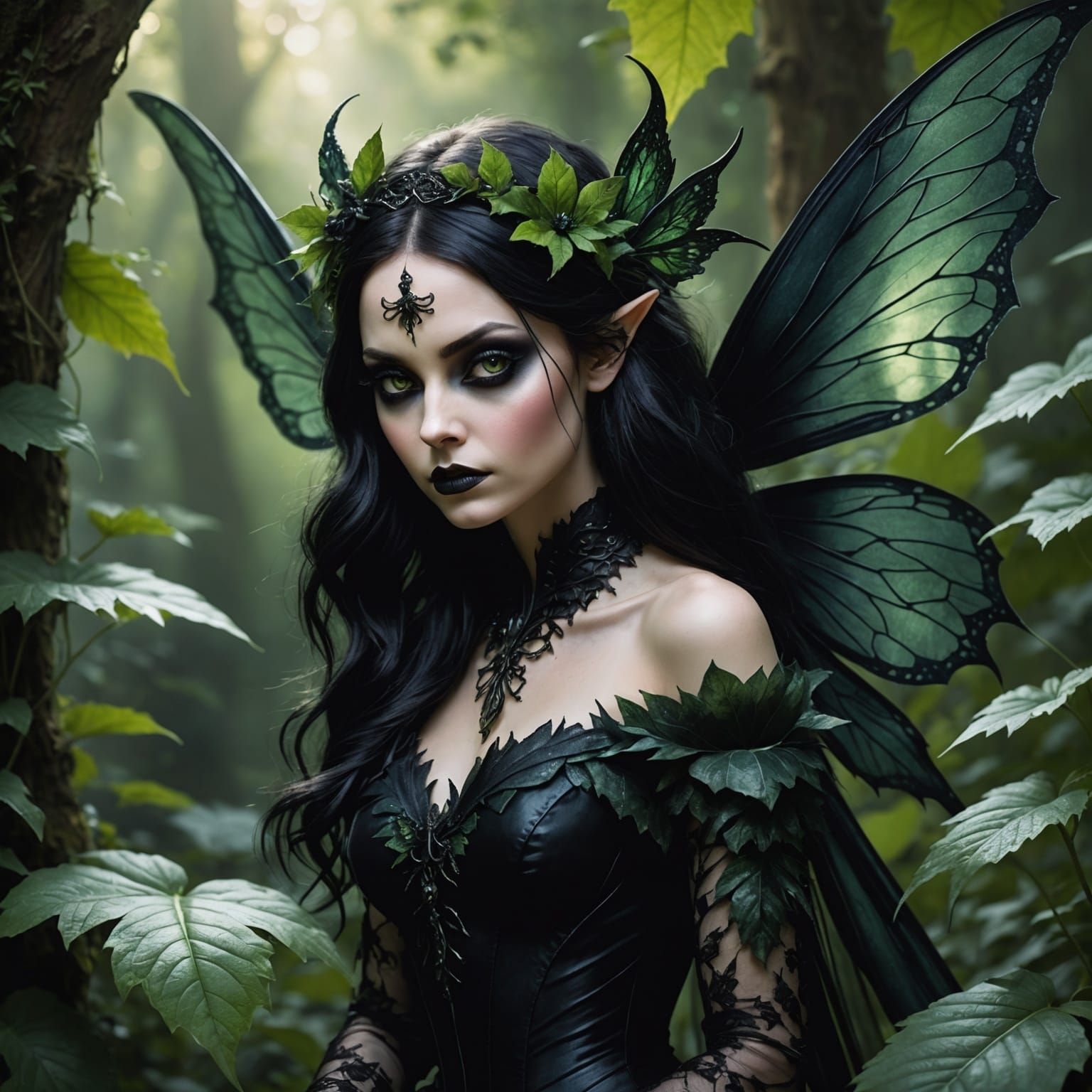Gothic Fairy with Cigar on Ganja Leaf