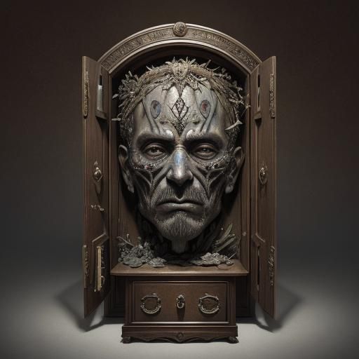 Man's Face Fused with Cabinet of Curiosities