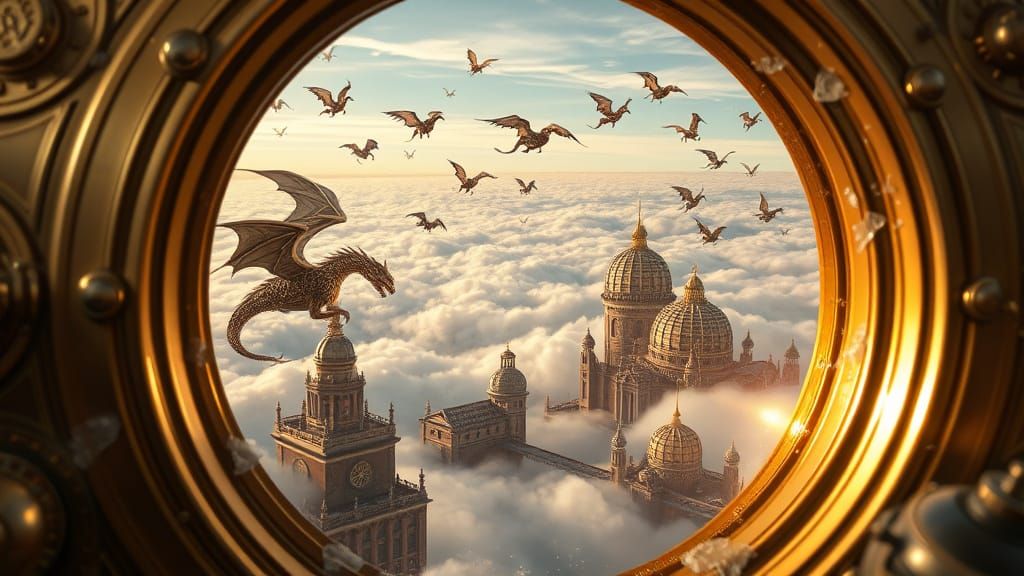 Steampunk Airship Viewport with Clockwork Dragons