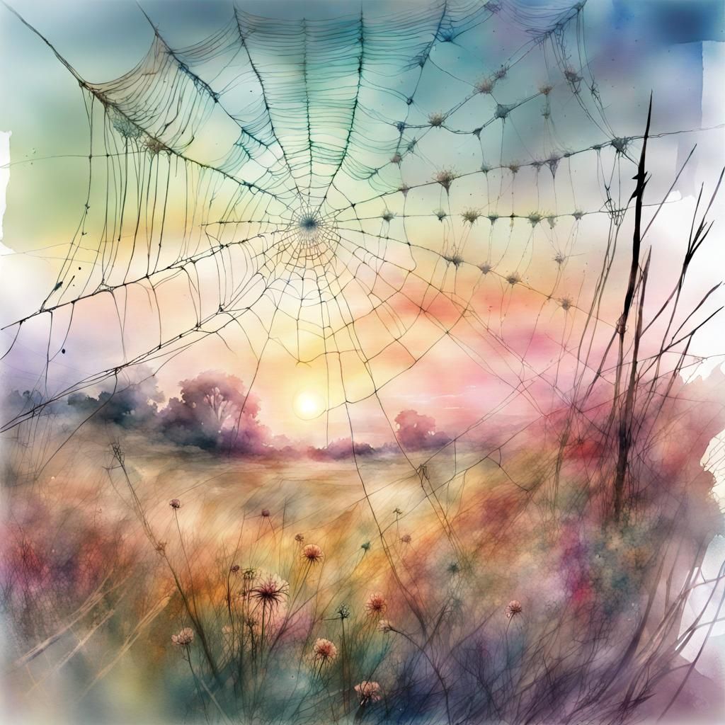Morning Meadow Spiderwebs in Watercolor Style