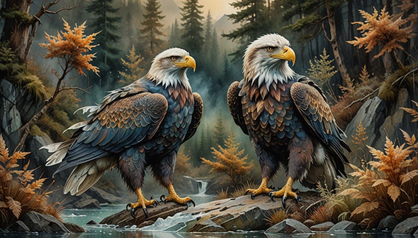 Majestic Eagle Soars Over Serene Glacial Lake