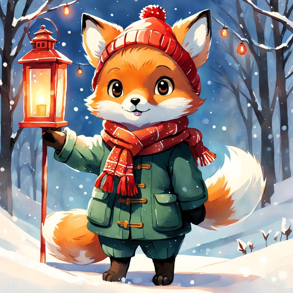 A Whimsical Watercolor Christmas Scene with a Fox Cub and La...