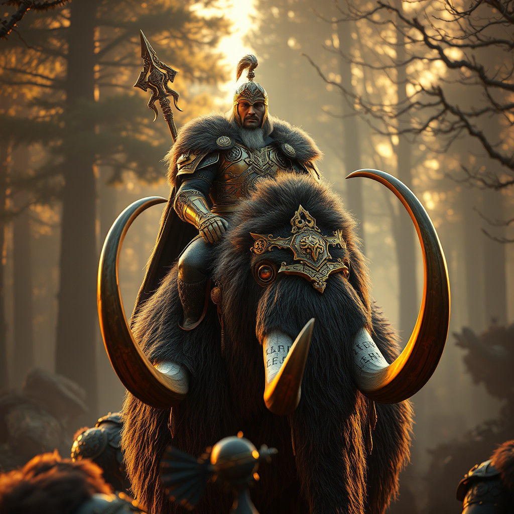 A warrior in golden armor riding a mammoth fighting with the...