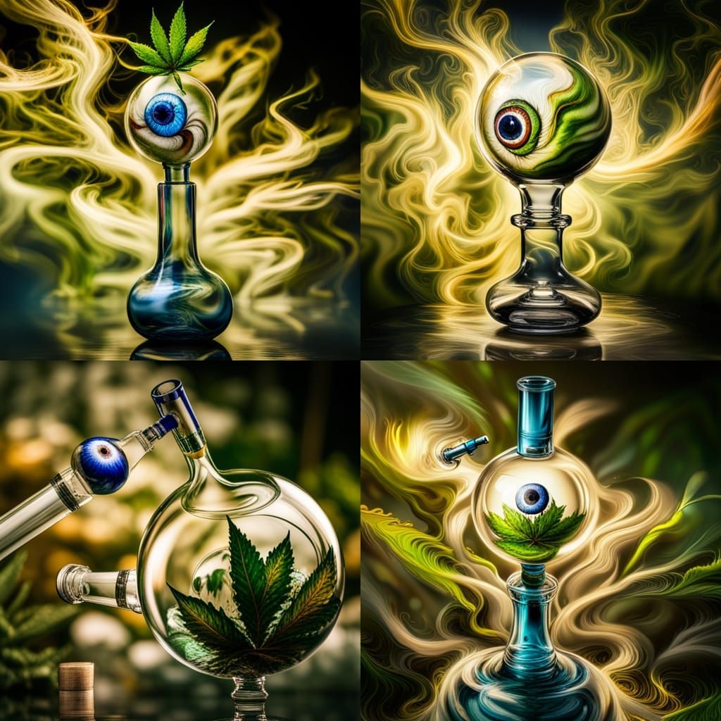Hyperrealistic Bong with Smoke, Eye, and Leaves
