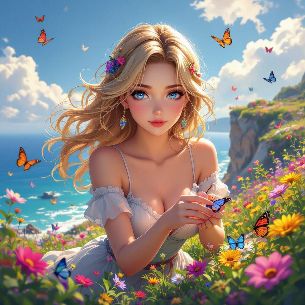 Anime Woman Tending Butterfly Garden Overlooking Sea
