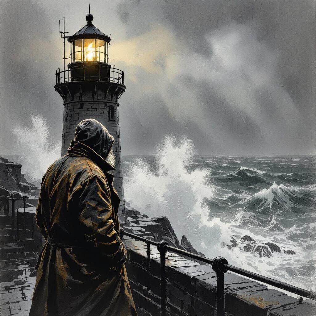 Lighthouse Keeper Observes Storm in Ink Drawing