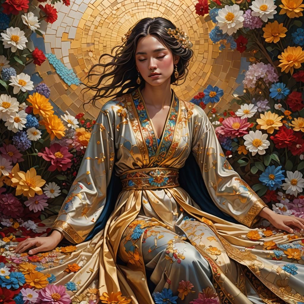 Jewel-Adorned Figure Kneeling on Flowers: Splash Art